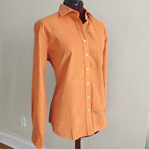 NEW Lands End Medium Orange Corduroy Button Up Collared Shirt 100% Cotton Top‎